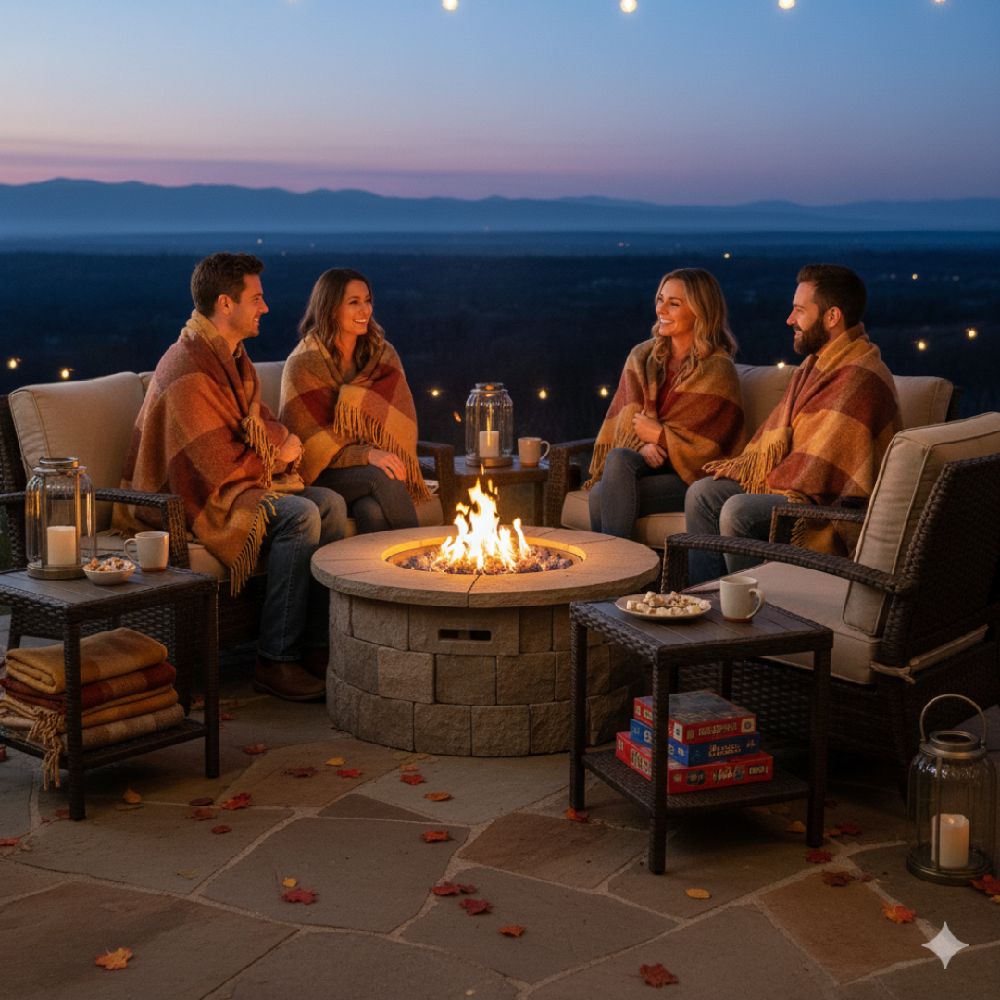Friends gathering on a cozy patio at dusk with warm lighting and comfortable seating